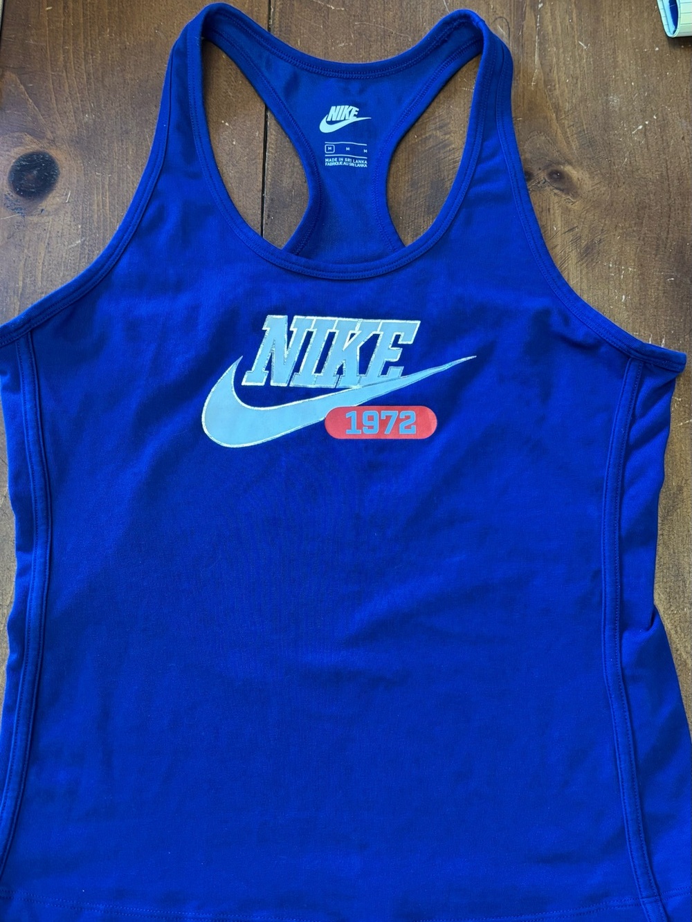 Nike Blue Racerback Tank with White Swoosh and Red 1972 Detail